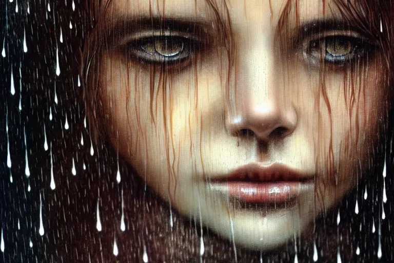 Image similar to portrait of a girl in the rain with wet hair and face, fantasy, intricate, elegant, dramatic lighting, emotionally evoking symbolic metaphor, highly detailed, lifelike, photorealistic, digital painting, artstation, concept art, smooth, sharp focus, illustration, art by John Collier and Albert Aublet and Krenz Cushart and Artem Demura and Alphonse Mucha