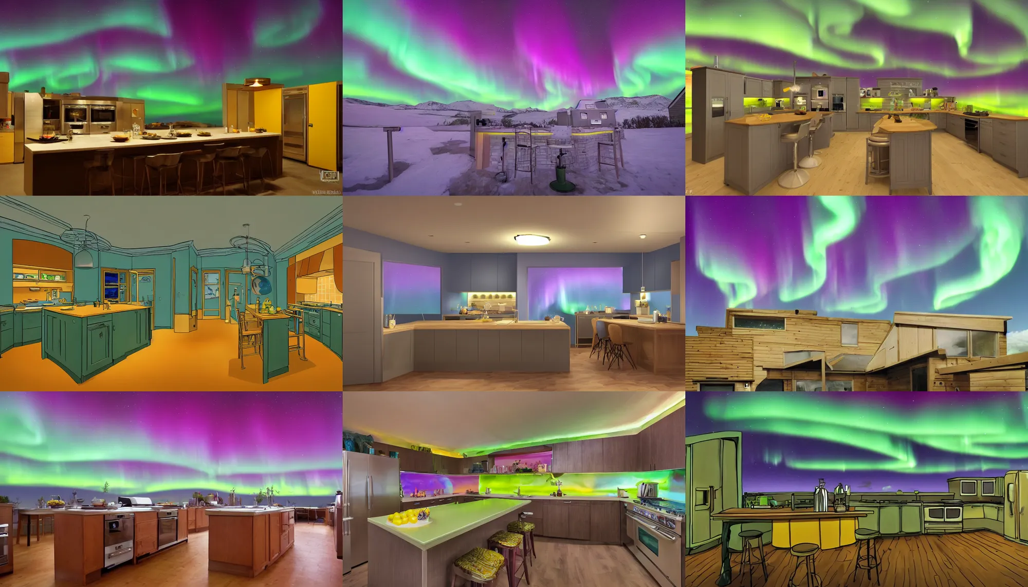 Prompt: aurora borealis inside a kitchen, in the style of the simpsons