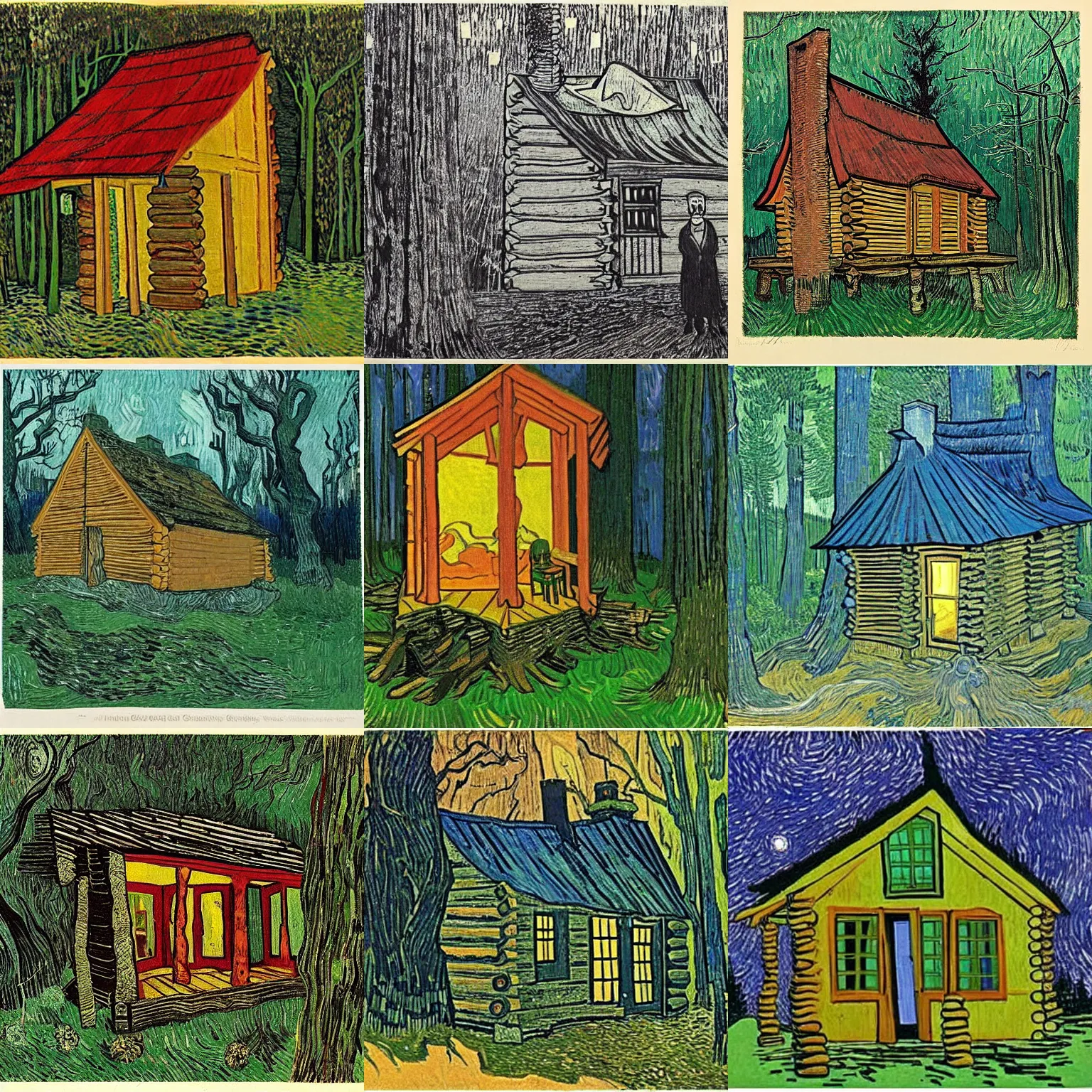 Prompt: [ a log cabin in the forest ] [ van gogh ] [ edward gorey ]