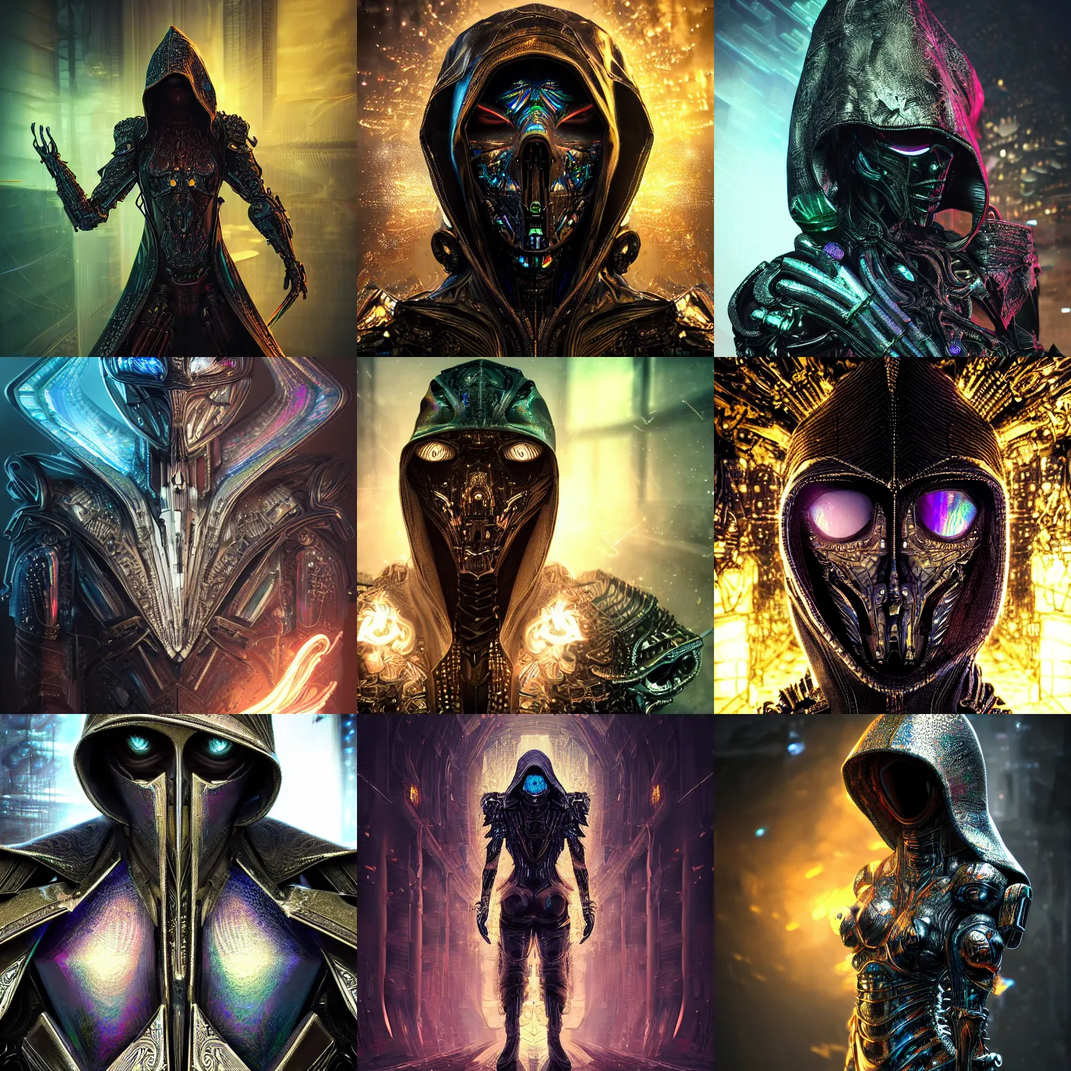 Prompt: Ultra realist and ultra intricate dark detailed painting of an powerful hooded armor iridescent assassin lord, human face, biomechanical complex body, 3D render, symmetry, rich style, glowing iridescent sparks and smoke behind, crystallic cyberpunk megastructure background, artstation, colorful, badass, dark ominous stealth, unreal render, depth of field