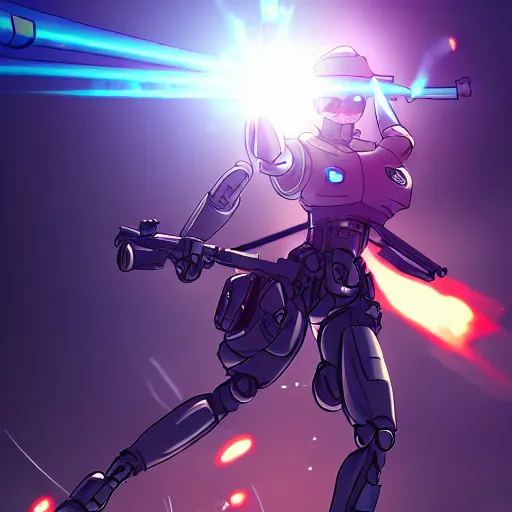 Image similar to girl in a military uniform jumping at a enemy mecha with the katana, cyberpunk anime art, full body shot, lens flare, trending on artstation, award - winning