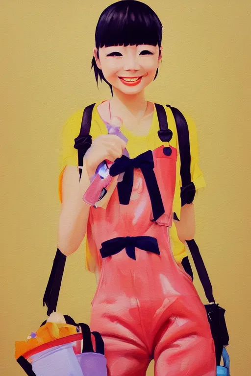 Image similar to a painting of cute Asian girl smiling, plastic overalls, in the style of Pixar animation, low angle view, 16mm lens, award winning, hyper detailed, dramatic lighting, artstation, octane renderer, unreal engine