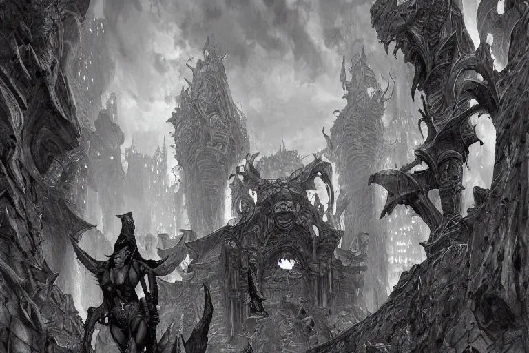 Image similar to black and white drawing point perspective fantasy dungeon you find the motionless lair of archrain, the precise ghost-minotaur,by artgerm and Craig Mullins, James Jean, Andrey Ryabovichev, Mark Simonetti and Peter Morbacher 16k