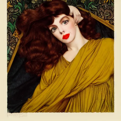 Image similar to hybrid of judy garland and lady gaga, brown fringe, large full hollywood lips, large downslanted eyes, reclining cool stylish, yellow ochre ornate medieval dress, john william waterhouse, kilian eng, rosetti, john everett millais, william holman hunt, william morris, 4 k