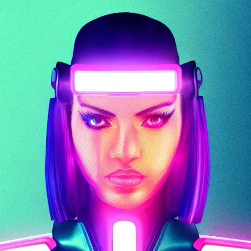 Image similar to a stunning upper body portrait of a beautiful young woman wearing futuristic navy blue and teal battle bodyarmor with pauldrons and inset glowing fine neon lines and ombre purple and pink hairstyle with hair blowing in the wind, by marvel comics, highly detailed, fine detail, intricate, digital art, trending on artstation