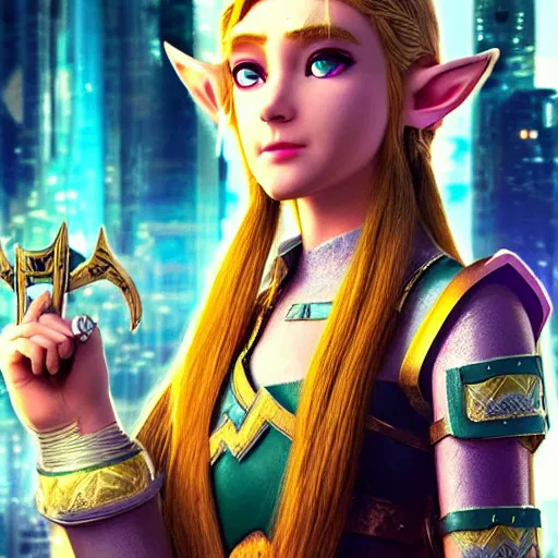 Prompt: high quality photo of princess zelda in a cyberpunk cyberpunk cyberpunk city realism 8k award winning photo