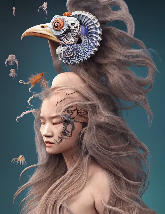 Prompt: 3 d goddess half - turn portrait with long hair with ram skull. beautiful intricately detailed japanese crow kitsune mask and clasical japanese kimono. betta fish, jellyfish phoenix, bio luminescent, plasma, ice, water, wind, creature, artwork by tooth wu and wlop and beeple and greg rutkowski