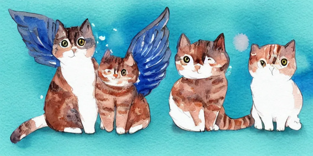 Image similar to watercolor illustration style, cute cats with blue wings, white background