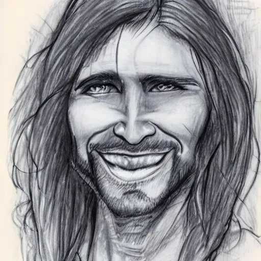 Image similar to sketch of a caucasian face, medium long hair, bad skin, skinny, blue eyes, smiling, climber