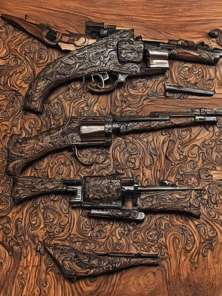 Prompt: wood carving in oak pine beechwood of an intricate design of firearms guns bullets revolvers and rifles, dramatic lighting, hyperrealistic, ultrarealistic, intricate details, 4k, unreal 5, digital art