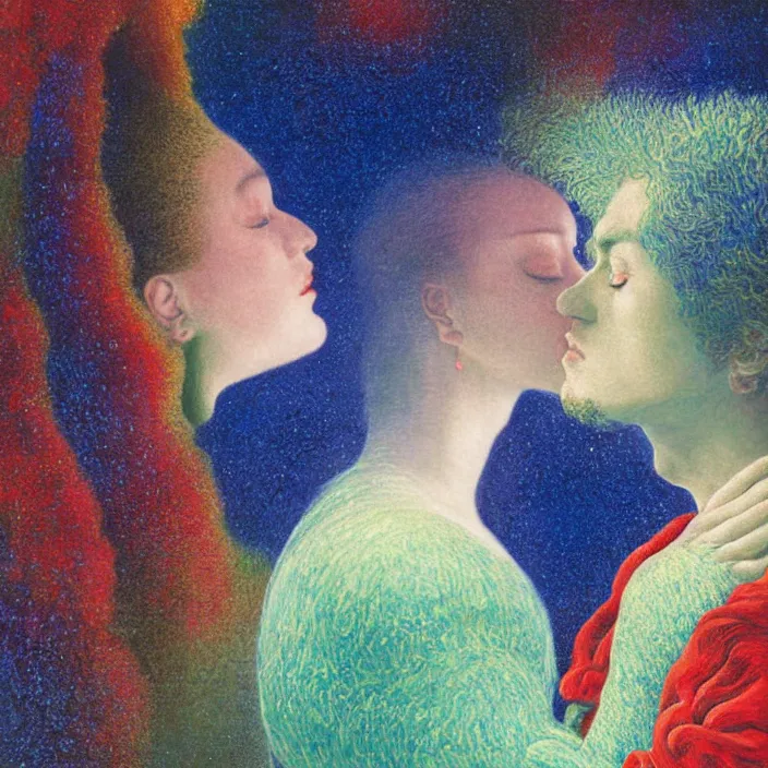 Image similar to close portrait of woman and man kissing. aurora borealis. iridescent, psychedelic lapis - lazuli, turquoise colors. painting by jan van eyck, agnes pelton, utamaro, monet