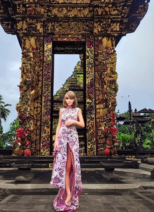 Prompt: taylor swift wearing kebaya bali in bali. iconic place in bali. front view. instagram holiday photo shoot