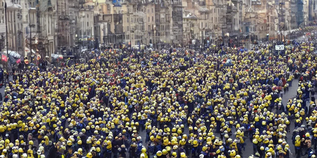 Prompt: minions in chains being marched through a city square, they are crying. far away shot