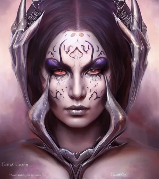 Prompt: a higly detailed airbrush full body shot and face portrait painting of a grim female sorceress with piercing eyes beautiful eyes, dynamic lighting, ambient lighting, deviantart, art by artgerm and karol bak and boris vallejo