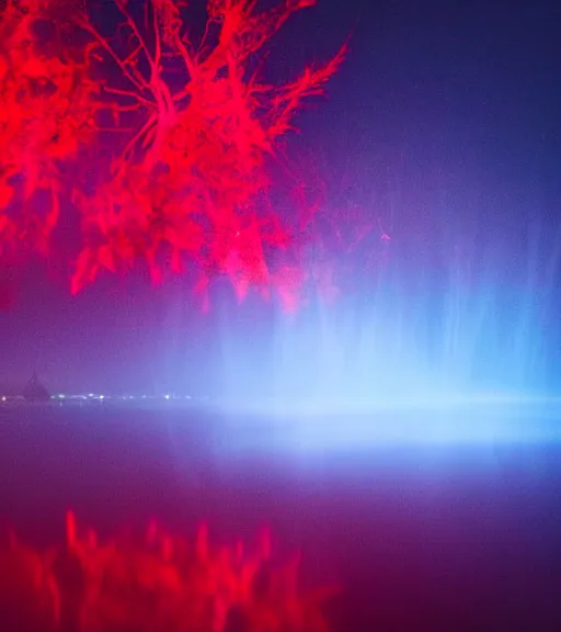 Prompt: photography at night of a red ethereal pond, a central sunlight glare, mystical lights, cyber futuristic lights in the sky, masterpiece, epic, cinematic, hyperealistic photo, high detailed, flashlight at night