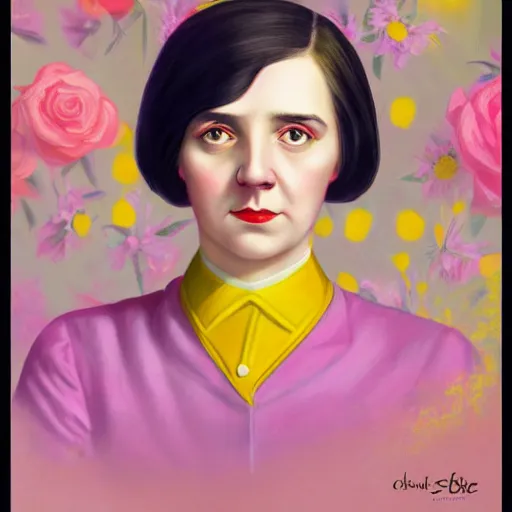 Prompt: colorful and festive cute female adolf hitler with tan skin, clear sharp todd solondz face, wearing yellow floral blouse. full body, rich vivid pastel colors, ambient lighting, dynamic lighting, 4 k, atmospheric lighting, painted, intricate, highly detailed by charlie bowater
