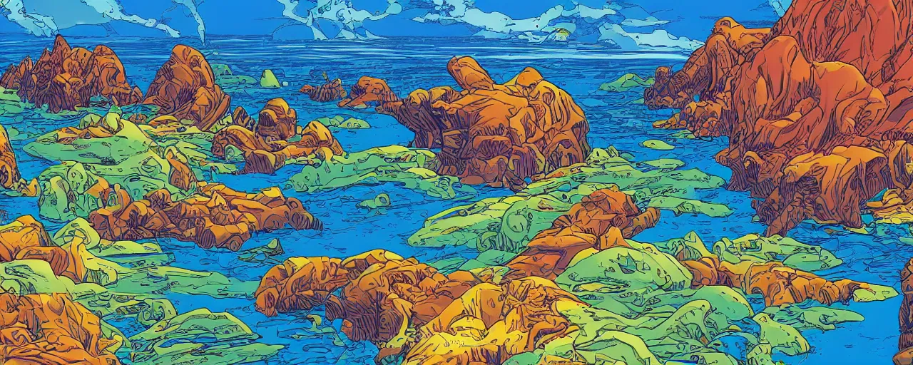 Prompt: panoramic view of an island on an alien planet, bold warm colours, intricate, elegant, highly detailed, smooth, sharp focus, graphic novel,