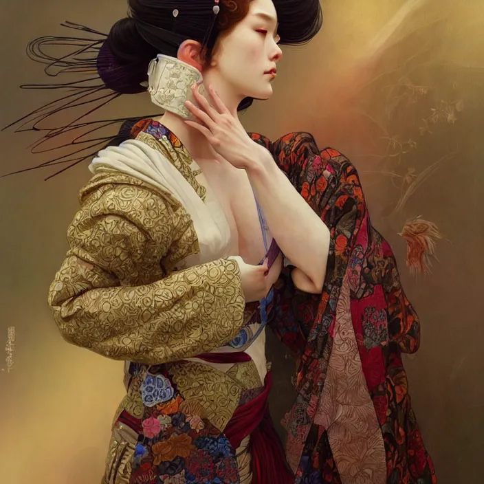 Image similar to fabric cyborg, Japanese kimono, diffuse lighting, fantasy, intricate, elegant, highly detailed, lifelike, photorealistic, digital painting, artstation, illustration, concept art, smooth, sharp focus, art by John Collier and Albert Aublet and Krenz Cushart and Artem Demura and Alphonse Mucha