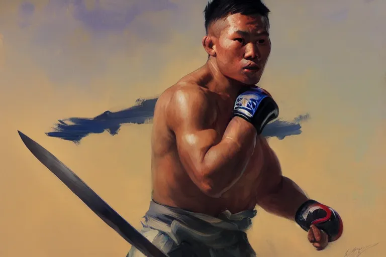 Image similar to greg manchess portrait of a filipino mma fighter with a sword shouting happy, profile picture, organic painting, sunny day, matte painting, bold shapes, hard edges, street art, trending on artstation, by huang guangjian, gil elvgren, ruan jia, randy vargas, greg rutkowski