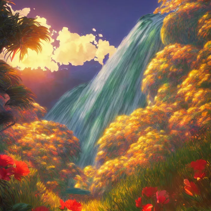 Image similar to an epic makoto shinkai and renoir landscape with a hawaiian waterfall, golden hour, 🌺, ultra smooth, lois van baarle, ilya kuvshinov, unreal engine, blender, trending on artstation, suntur, caleb worcester, highly detailed, photorealism, bloom effect 8 k