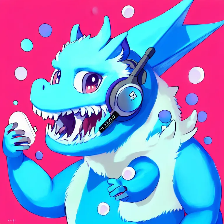 Image similar to a chubby anthropomorphic male blue dragon fursona chewing blue bubble gum, headphones on his head, cute, furry, beautiful, soft colors, oil on canvas, soft lighting