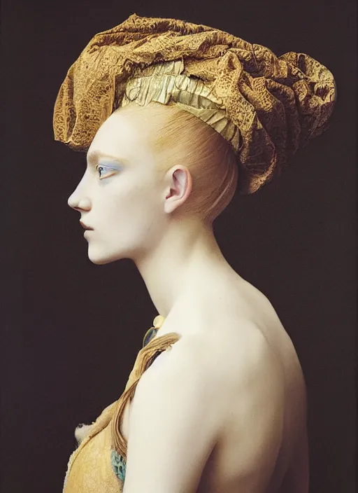 Prompt: portrait of young woman in renaissance dress and renaissance headdress, blue eyes and blond hair, style by the paolo roversi