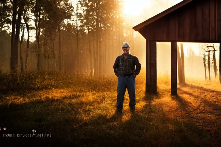 Prompt: a cinematic headshot portrait of a farmer, stood outside a wooden cabin, ultra realistic, dramatic lighting