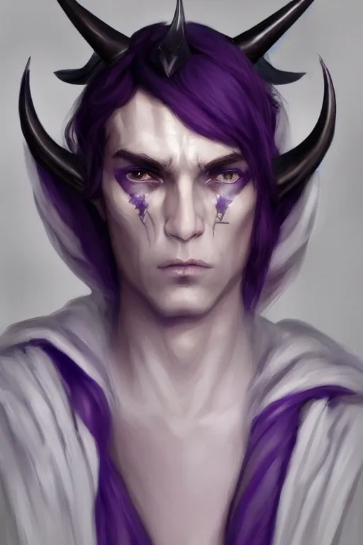 Prompt: djinn human hybrid, careless, portrait, concept art, full body purple and white cloak, white horns, single face, illustration, costume design, white horns, editorial photo, fashion, hyperrealism, realism, trending on artstation, Charlie Bowater, WLOP