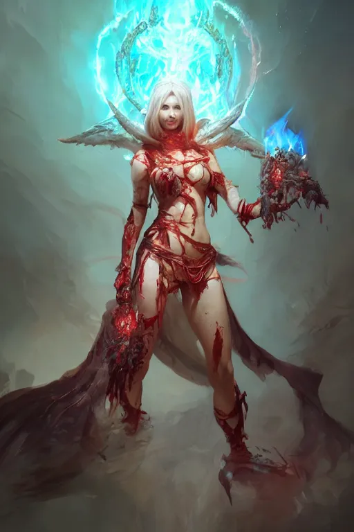 Image similar to beautiful girl necromancer, witch - doctor covered in blood, angels, 3 d render, hyper - realistic detailed portrait, holding fire and electricity, ruan jia, wlop. scifi, fantasy, magic the gathering, hyper detailed, octane render, concept art, peter mohrbacher