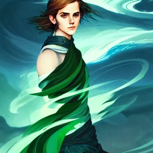 Prompt: style artgerm, joshua middleton, emma watson as a warrior monk wearing green pelt light amor, blue hair, swirling water cosmos, fantasy, dnd, cinematic lighting