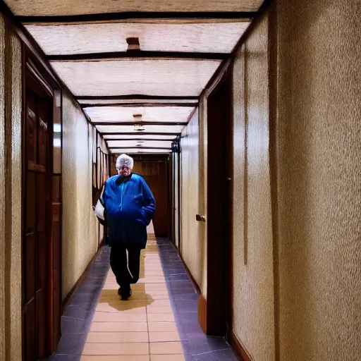 Prompt: an smiling old man camouflaged in a hallway