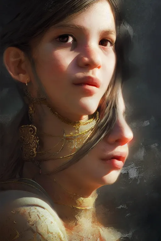 Image similar to babylonian girl, joyful, close-up portrait, intricate, elegant, volumetric lighting, scenery, digital painting, highly detailed, artstation, sharp focus, illustration, concept art, ruan jia, steve mccurry