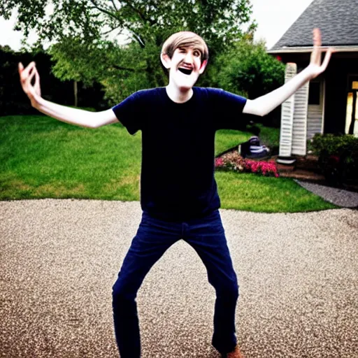 Image similar to bo burnham outside of his house, smiling and dancing