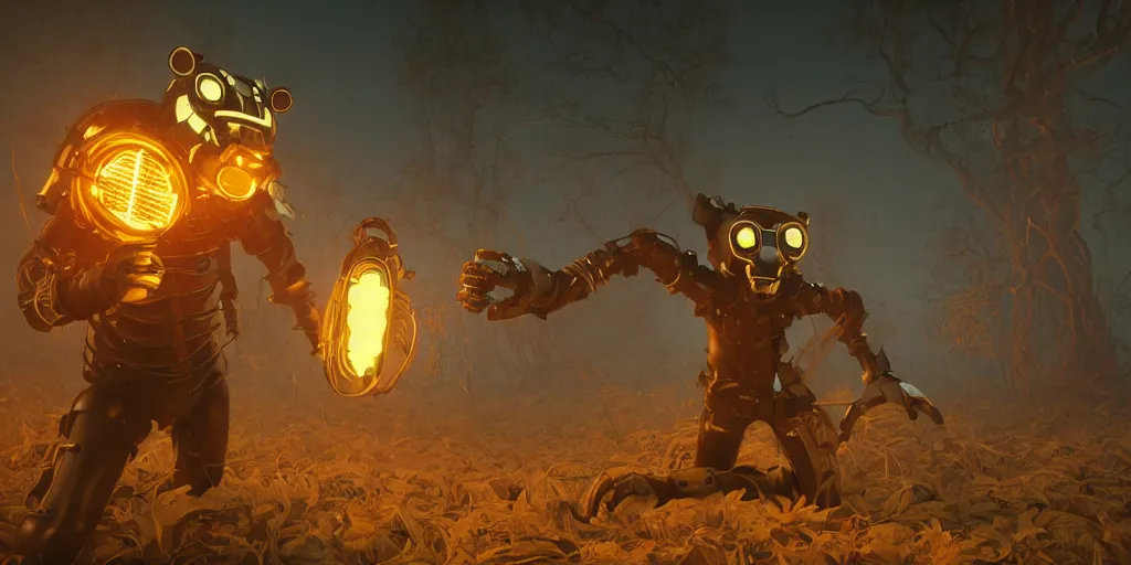 Image similar to woodman wearing a steampunk and neonpunk mechanical fluorescent mystical animal mask in strange misty estuary landscape fight with werewolf, night, realism in style of fornite game, 4 k, octane render, award winning photograph, epic cinematic shot, perfectly defined features, ambient occlusion