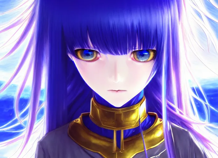 Image similar to rimuru tempest in holy armor, sky blue straight hair, long bangs, with amber eyes, gold eyes, high collar, choker, ultra detailed, concept art, award winning photography, digital painting, cinematic, wlop artstation, closeup, pixiv, evil, yoshitaka amano, andy warhol, ilya kuvshinov,