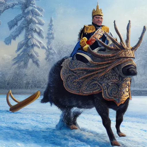 Image similar to an extremely realistic portrait depicting the coronation of viktor orban dressed in royal national costume, riding a hog on the frozen danube, close up, intricate, elegant, highly detailed, digital painting, artstation, concept art, smooth, sharp focus, illustration,