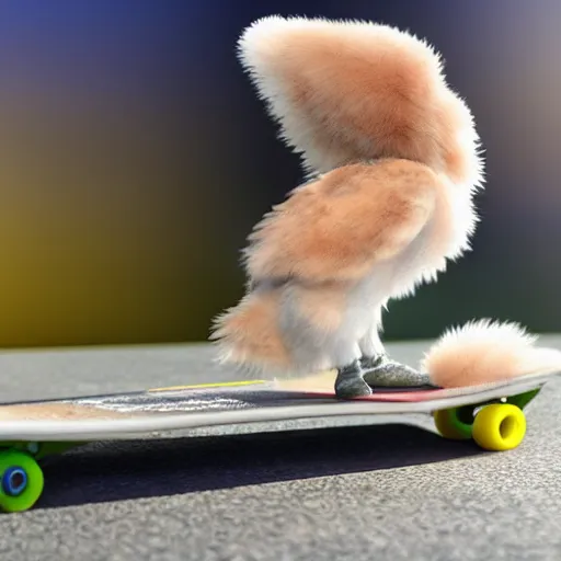 Prompt: fluffy chick on a skateboard, photorealistic