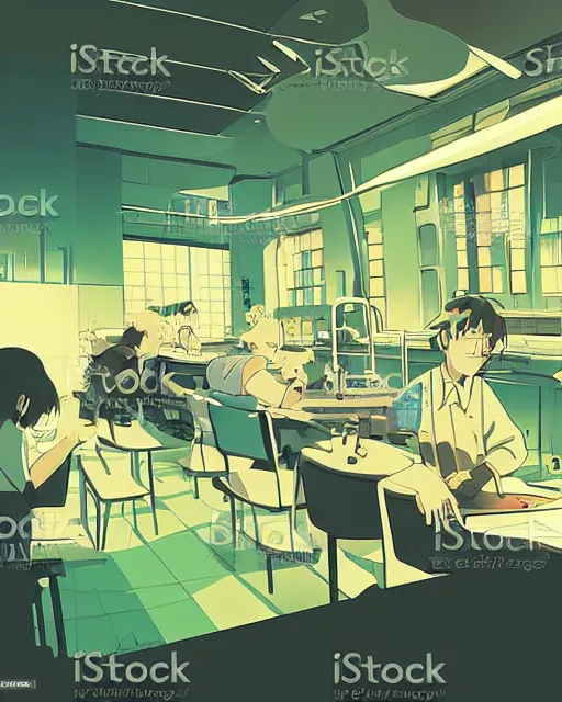 Image similar to science lab. clean cel shaded vector art. illustration art by makoto shinkai and and john berkey