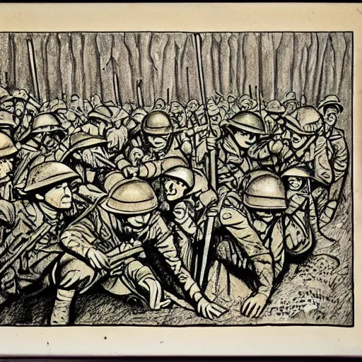 Image similar to first world war drawing, where is waldo style, high detailed print