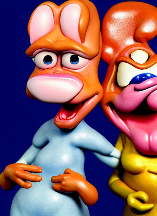Image similar to ren and stimpy wax sculptures, hyper realistic, extreme detail, 8 k, meryl streep, life - sized