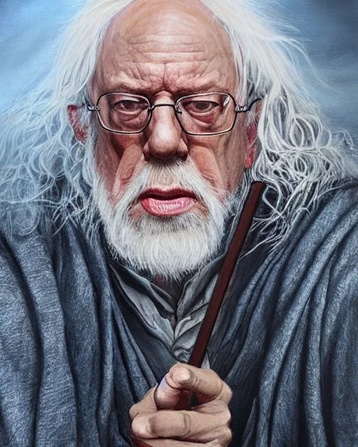 Image similar to portrait of bernie sanders as gandalf in lord of the rings, beautiful, very detailed, hyperrealistic, medium shot, very detailed painting by Glenn Fabry, by Joao Ruas