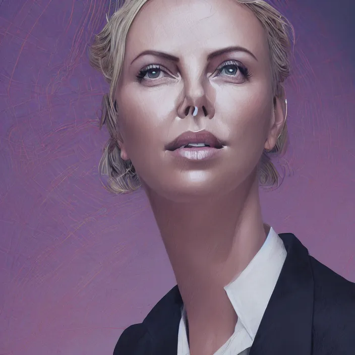 Image similar to portrait of charlize theron in a suit. intricate abstract. intricate artwork. by Tooth Wu, wlop, beeple, dan mumford. octane render, trending on artstation, greg rutkowski very coherent symmetrical artwork. cinematic, hyper realism, high detail, octane render, 8k, iridescent accents