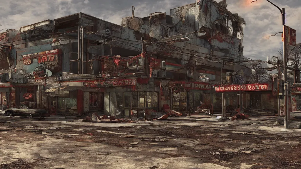 Image similar to post apocalyptic McDonald's, fallout, wasteland, octane render, 4k