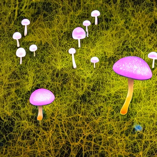 Image similar to field of beautiful luminescent pink and blue mycena fungi, emitting spore clouds, midnight, huge golden moon with small craters visible in night sky, hyperrealistic, detailed, soft lighting, fireflies