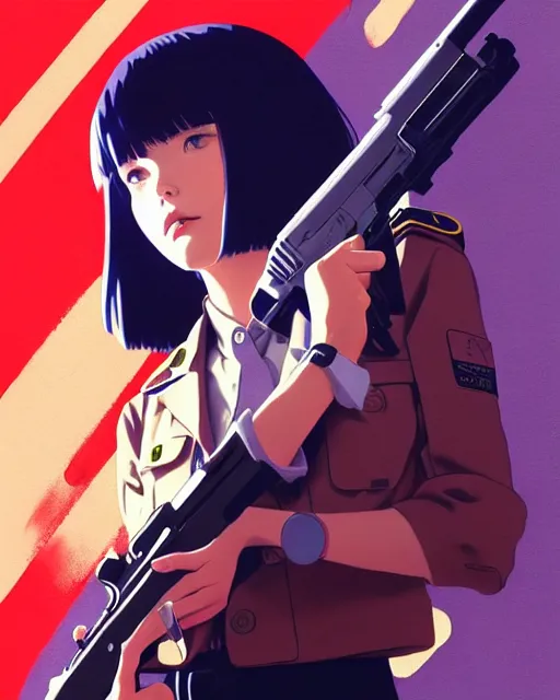 Image similar to girl wearing uniform, holding gun | | audrey plaza, fine detail!! anime!! realistic shaded lighting!! dramatic!! poster by ilya kuvshinov katsuhiro otomo ghost - in - the - shell, magali villeneuve, artgerm, jeremy lipkin and michael garmash and rob rey