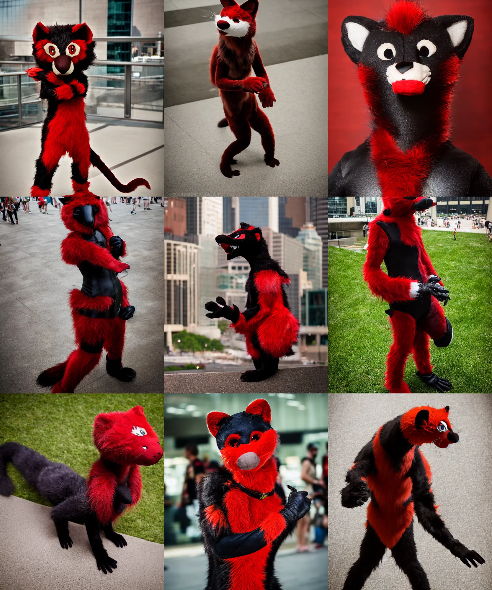 Image similar to fullbody photoshoot photo portrait of a roguish male red - black furred weasel furry fursuiter ( tail attached ), taken at anthrocon ( furry convention )