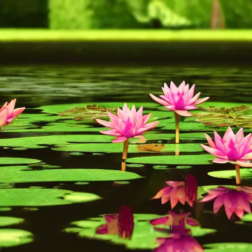 Prompt: a closeup photograph of waterlily gundam stepping out of a pond with a lazer rifle dripping water. film still. brightly lit scene. this 4 k hd image is trending on artstation, featured on behance, well - rendered, extra crisp, features intricate detail, epic composition and the style of unreal engine.