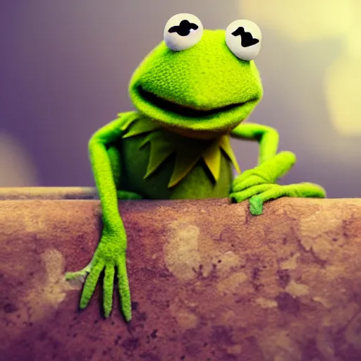 Prompt: kermit the frog cute, illustration, digital art, inspired by little big planet, by greg rutkowski, sharp, masterpiece, highly detailed, photorealistic, octane render, 8 k, unreal engine 5, trending on artstation, vivid colors