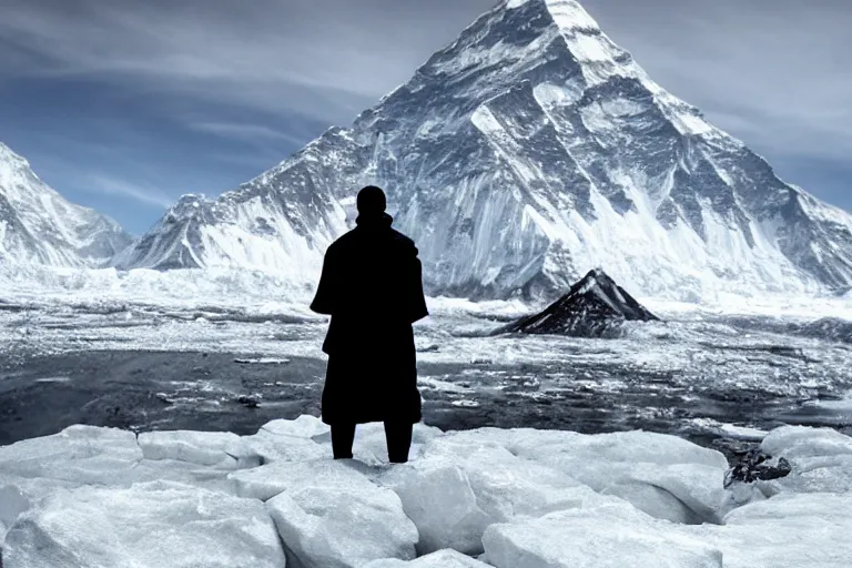 Image similar to cinematography a monk meditating in front of Mount Everest by Emmanuel Lubezki