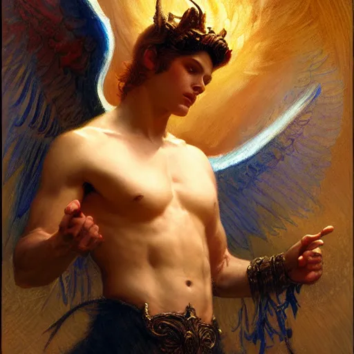 Image similar to attractive male lucifer morning star casting a spell to raise hell unto heaven. highly detailed painting by gaston bussiere, craig mullins, j. c. leyendecker, 8 k
